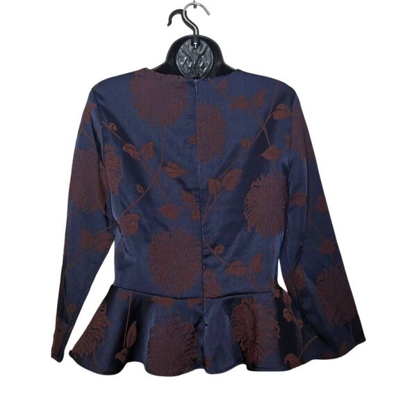 Zara Jacquard Peplum Blouse Women's Size Small Brown Navy - Picture 3 of 4
